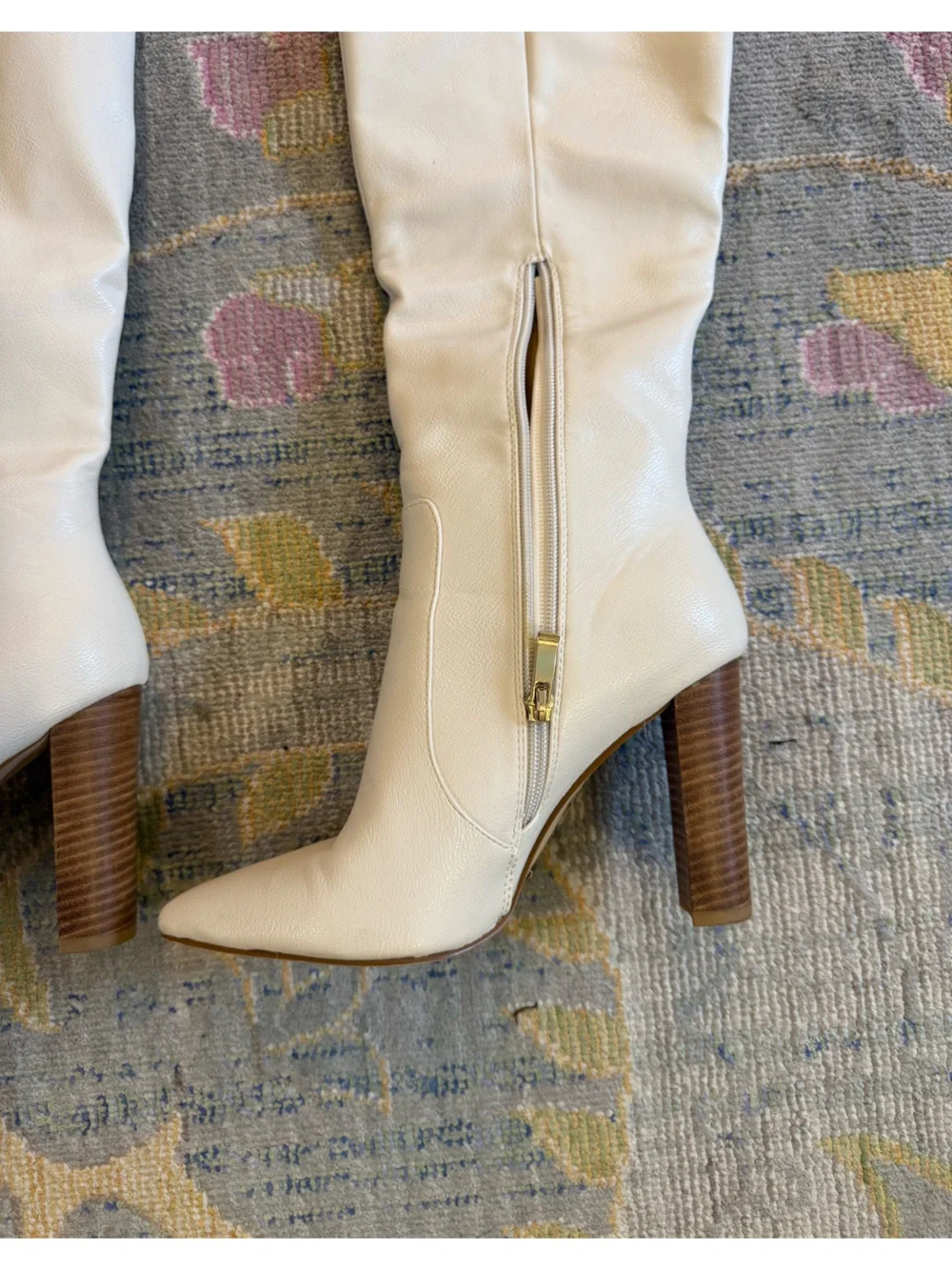 Kailani Cream Off White Leather Knee-High Stacked Heel Boots with Pointed Toe